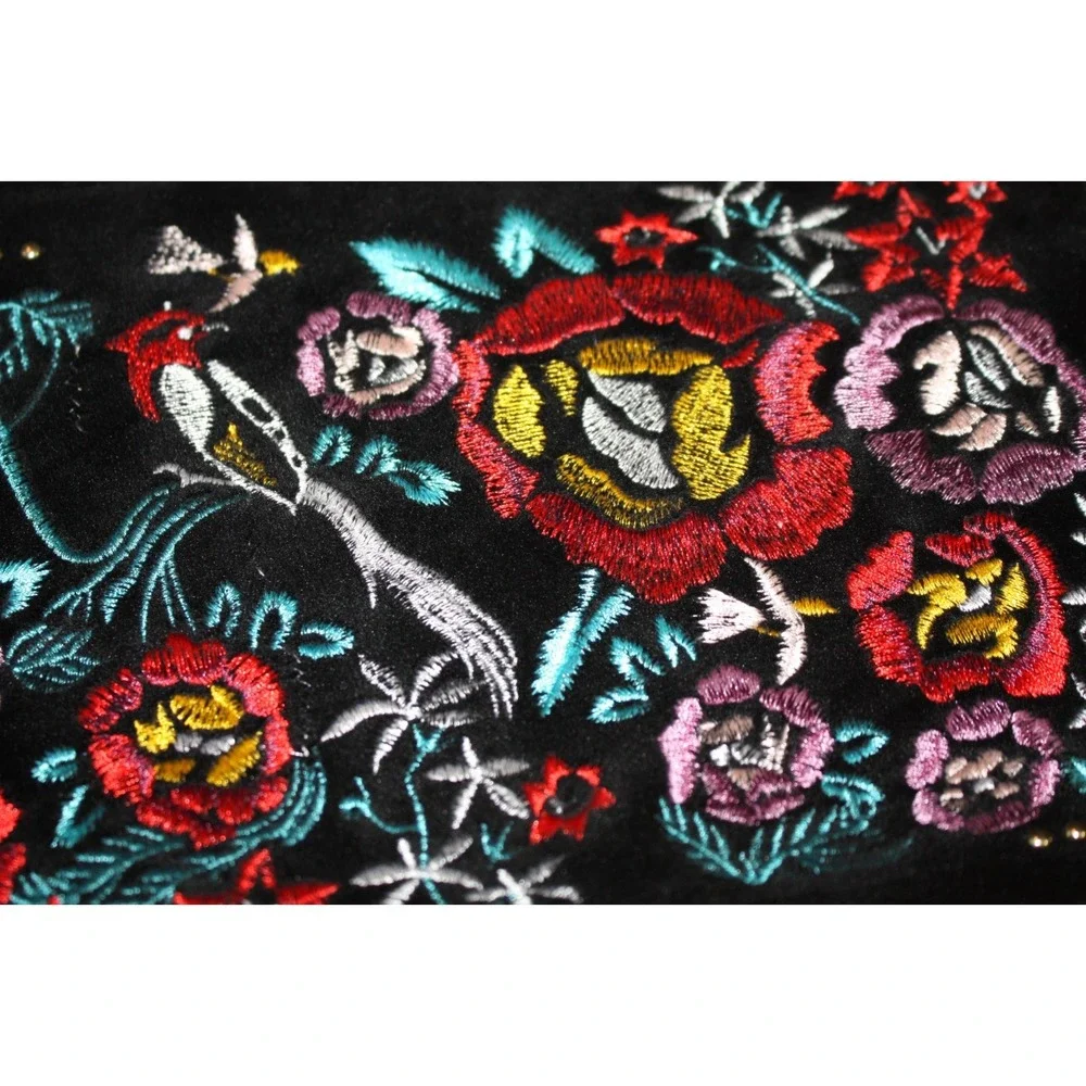 Black Embroidered Crossbody Bag Floral Bird Unbranded Adjustable Velvet Purse